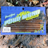 Packaging of Pond Pro, Pond Wand fishing bait with multiple worms inside, displayed on a natural background.