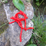 Red Pond Pro Sqworms on a rock with foliage in the background.