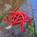 Pond Pro Sqworms in the color red on a wet rock.