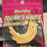 Packaging of Pond Pro Sqworms with several cream-colored soft plastic fishing baits visible through the clear plastic window.