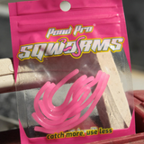 Packaging of Pond Pro Sqworms with pink bubblegum soft plastic worm lures visible through the transparent window.