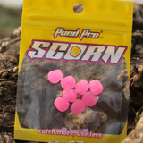A pack of pink bubblegum Scorn soft plastics for fishing, displayed on a yellow background with the Pond Pro brand visible.