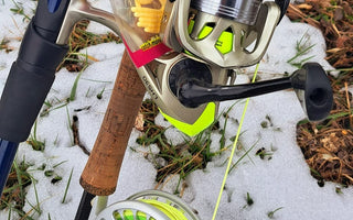 Fly fishing rod in the snow, using Pond Pro Sqworms