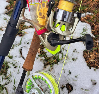 Fly fishing rod in the snow, using Pond Pro Sqworms