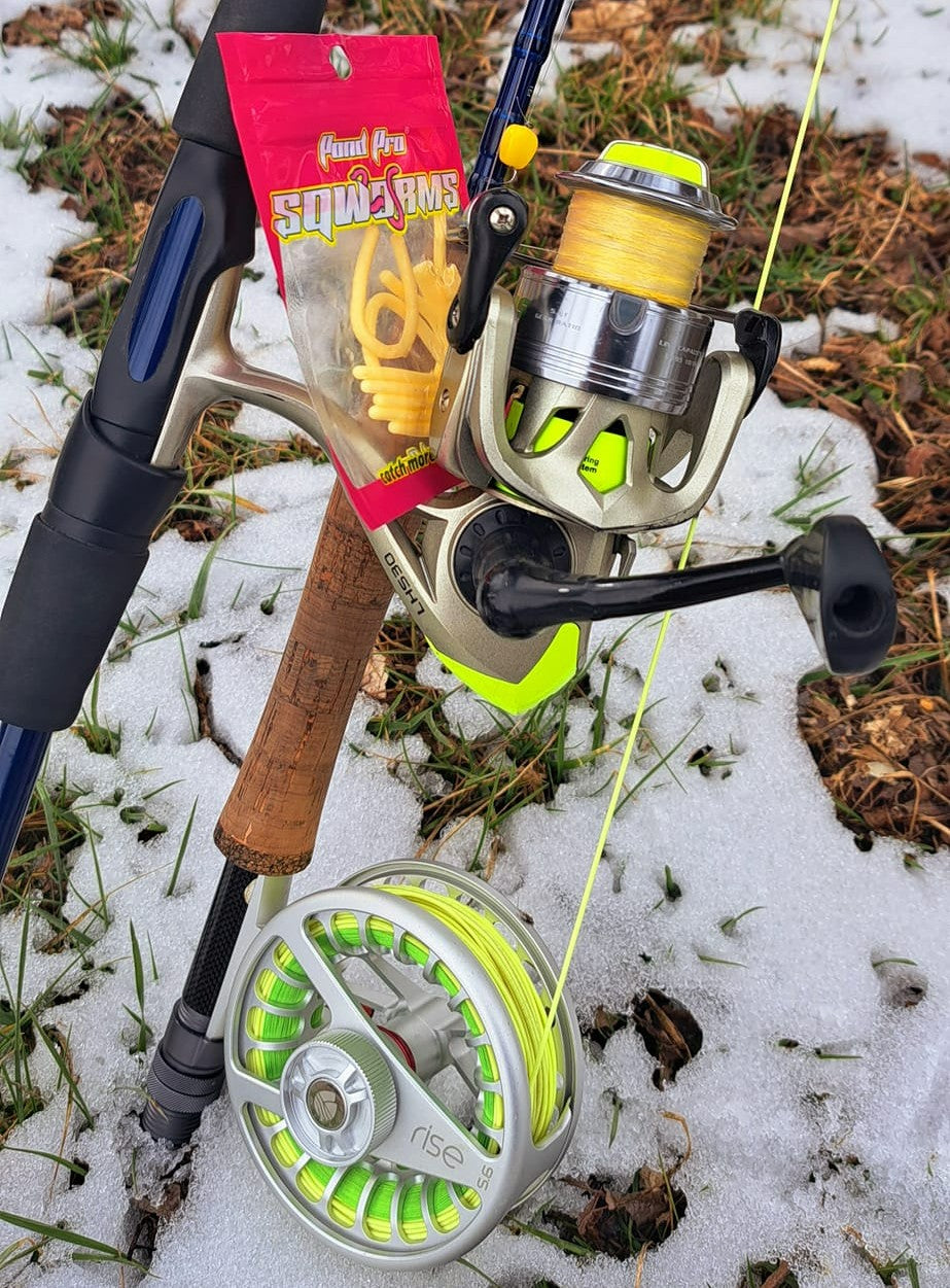 Fly fishing rod in the snow, using Pond Pro Sqworms