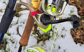 Fly fishing rod in the snow, using Pond Pro Sqworms