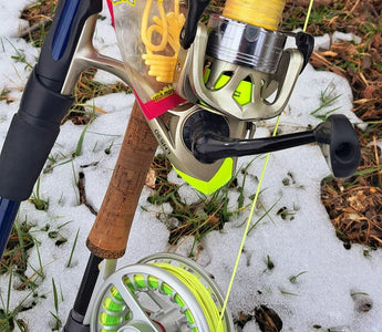 Fly fishing rod in the snow, using Pond Pro Sqworms