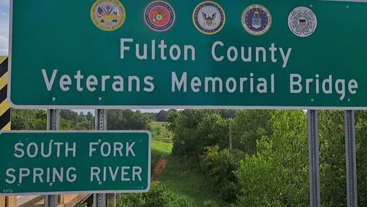 The South Fork River Sign over the Veterans Memorial Bridge in Salem, AR