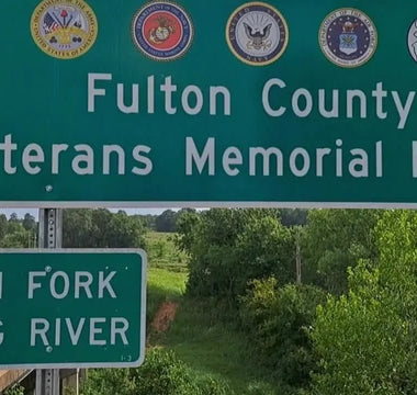 The South Fork River Sign over the Veterans Memorial Bridge in Salem, AR